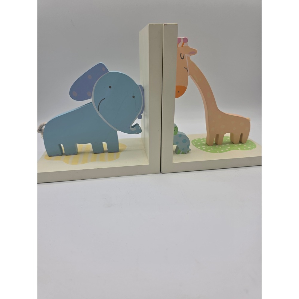 Wooden Safari Animal Nursery Bookends Elephant Giraffe Blue Peach Kids Decor